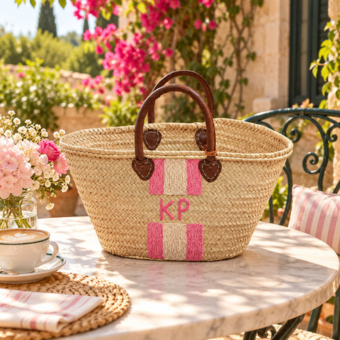 Personalized Straw Basket Bag, Custom Monogram Beach Tote, Handmade Moroccan Woven Market Bag, Embroidered Basket