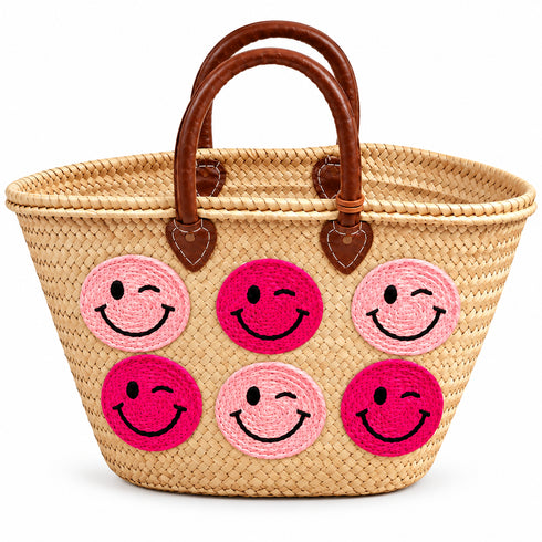 Moroccan Straw Basket Bag, Handmade Woven Beach Tote, Colorful Smiley Face Summer Bag, Leather Handles