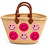 Moroccan Straw Basket Bag, Handmade Woven Beach Tote, Colorful Smiley Face Summer Bag, Leather Handles