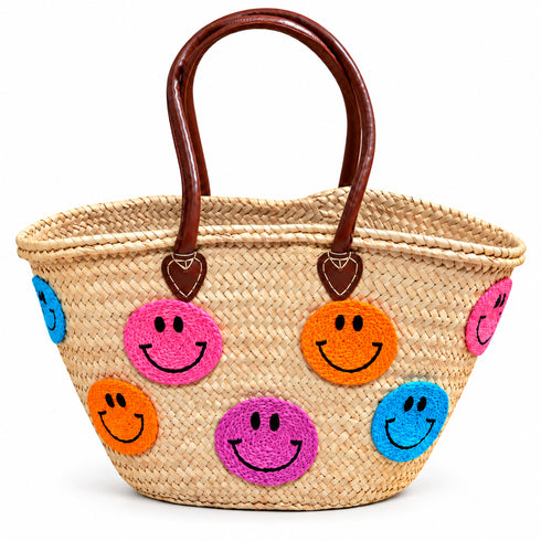 Moroccan Straw Basket Bag, Colorful Smiley Face Beach Tote, Handmade Woven Summer Bag, Brown Leather Handles