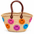 Moroccan Straw Basket Bag, Colorful Smiley Face Beach Tote, Handmade Woven Summer Bag, Brown Leather Handles