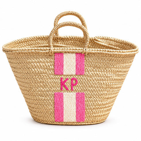 Personalized Moroccan Straw Basket Bag, Handmade Woven Beach Tote, Custom Initials, Boho Summer Market Bag