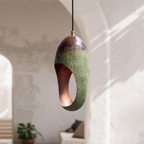 Elevate your interior ambiance with an Art of handmade patina copper pendant pair.