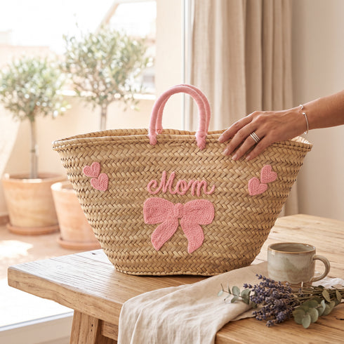 Personalized Handwoven Moroccan Straw Basket with Leather Handles