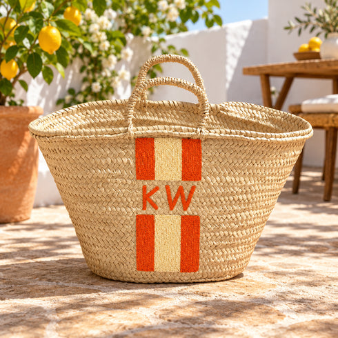 Personalized Moroccan Straw Basket Bag, Handmade Woven Beach Tote, Custom Initials, Boho Summer Market Bag