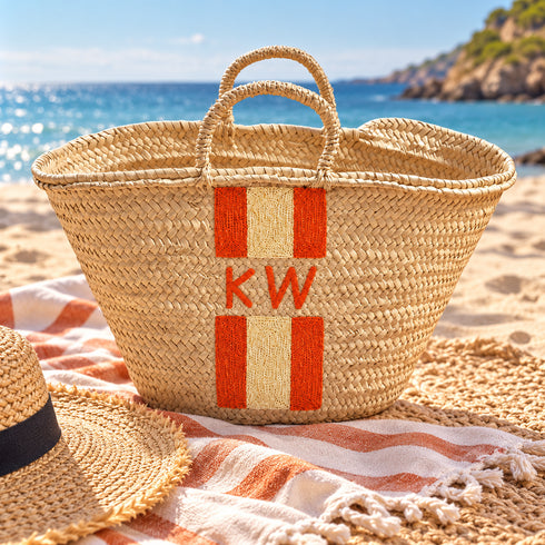 Personalized Moroccan Straw Basket Bag, Handmade Woven Beach Tote, Custom Initials, Boho Summer Market Bag