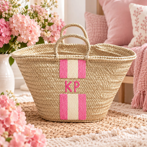 Personalized Moroccan Straw Basket Bag, Handmade Woven Beach Tote, Custom Initials, Boho Summer Market Bag