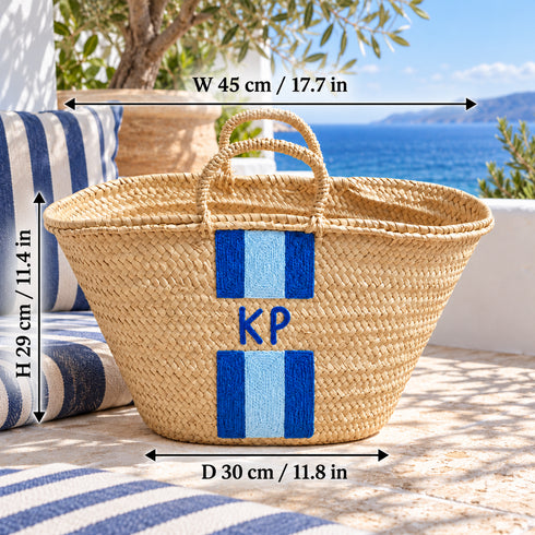 Personalized Moroccan Straw Basket Bag, Handmade Woven Beach Tote, Custom Initials, Boho Summer Market Bag