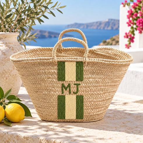 Personalized Moroccan Straw Basket Bag, Handmade Woven Beach Tote, Custom Initials, Boho Summer Market Bag