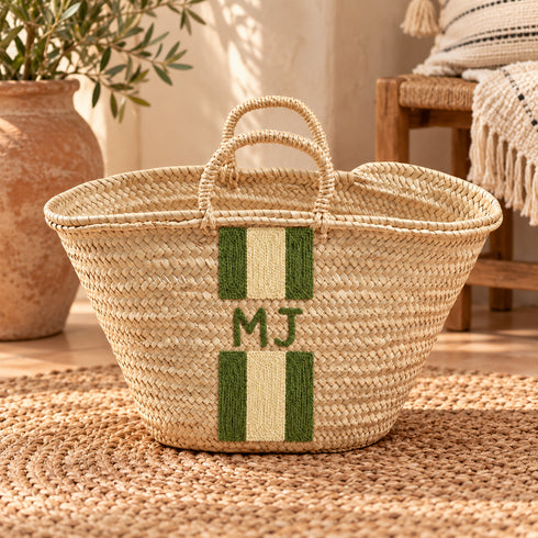 Personalized Moroccan Straw Basket Bag, Handmade Woven Beach Tote, Custom Initials, Boho Summer Market Bag