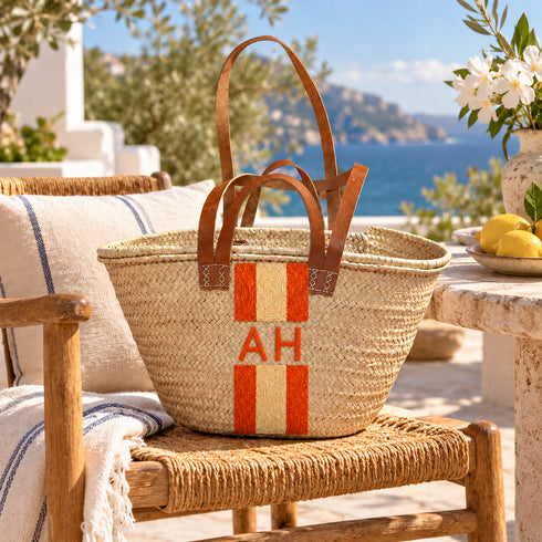 Personalized Straw Basket Bag, Custom Monogram Beach Tote, Handmade Moroccan Woven Bag with Leather Handles