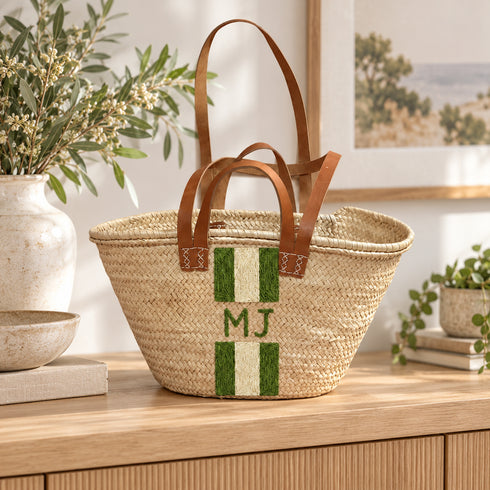 Personalized Straw Basket Bag, Custom Monogram Beach Tote, Handmade Moroccan Woven Bag with Leather Handles