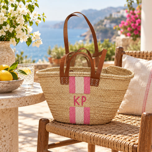 Personalized Straw Basket Bag, Custom Monogram Beach Tote, Handmade Moroccan Woven Bag with Leather Handles