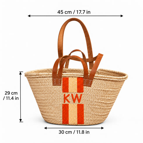 Personalized Straw Basket Bag, Custom Monogram Beach Tote, Handmade Moroccan Woven Bag with Leather Handles