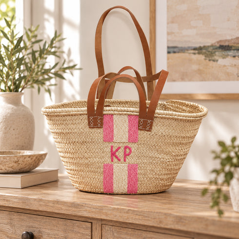 Personalized Straw Basket Bag, Custom Monogram Beach Tote, Handmade Moroccan Woven Bag with Leather Handles