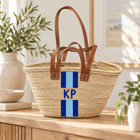 Personalized Straw Basket Bag, Custom Monogram Beach Tote, Handmade Moroccan Woven Bag with Leather Handles