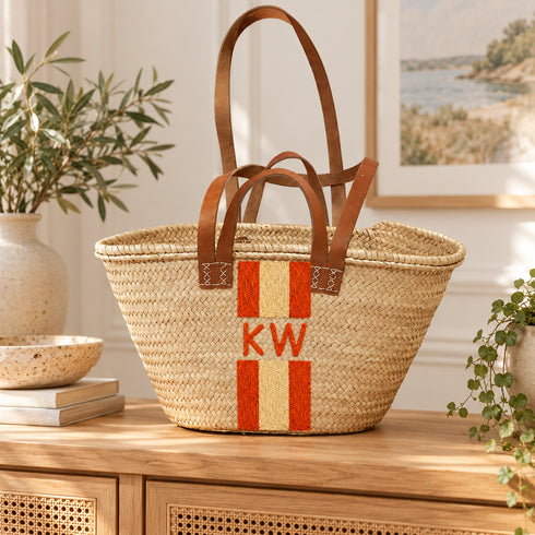 Personalized Straw Basket Bag, Custom Monogram Beach Tote, Handmade Moroccan Woven Bag with Leather Handles