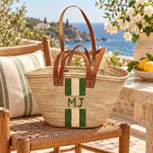 Personalized Straw Basket Bag, Custom Monogram Beach Tote, Handmade Moroccan Woven Bag with Leather Handles