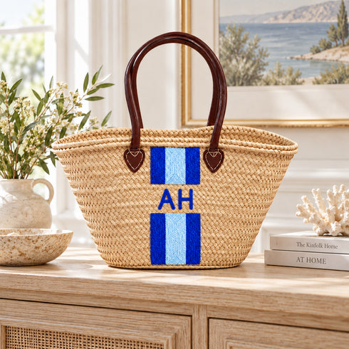 Personalized Straw Basket Bag, Monogram Beach Tote, Handmade Moroccan Raffia Bag, Custom Initials Summer Bag