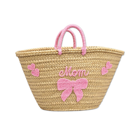 Personalized Handwoven Moroccan Straw Basket with Leather Handles