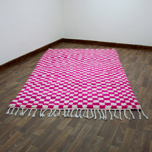 Pink Checkered Rug, Moroccan Wool Rug, Handmade Berber Rug, Checkerboard Area Rug, Beni Ourain Carpet