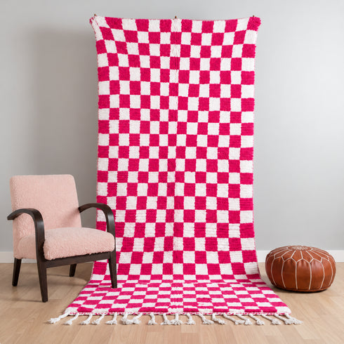 Pink Checkered Rug, Moroccan Wool Rug, Handmade Berber Rug, Checkerboard Area Rug, Beni Ourain Carpet