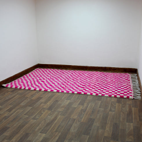 Pink Checkered Rug, Moroccan Wool Rug, Handmade Berber Rug, Checkerboard Area Rug, Beni Ourain Carpet