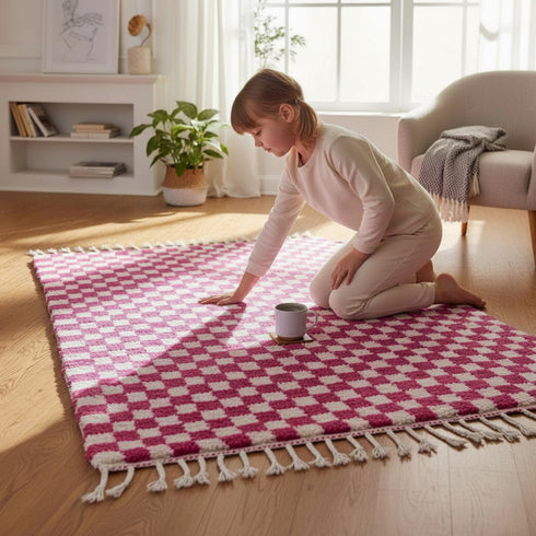 Pink Checkered Rug, Moroccan Wool Rug, Handmade Berber Rug, Checkerboard Area Rug, Beni Ourain Carpet