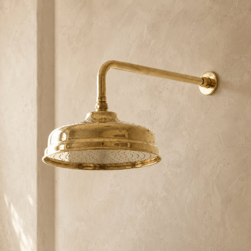 Polished Brass Rain Shower Head – Classic Wall-Mounted Bathroom Fixture