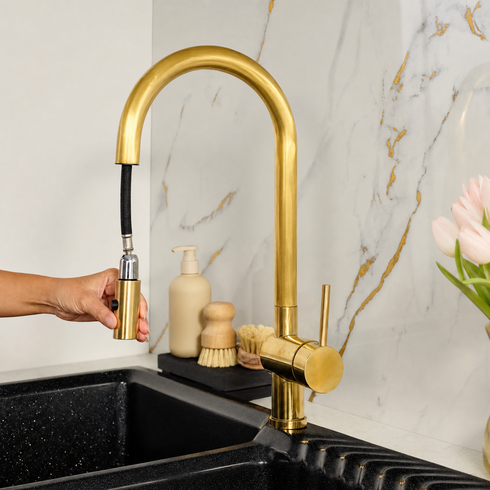 Pull-Down Kitchen Faucet with Gooseneck Spout – Unlacquered Brass