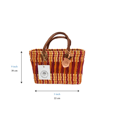 Handwoven Raffia Tote Bag with Colorful Stripes and Leather Handles