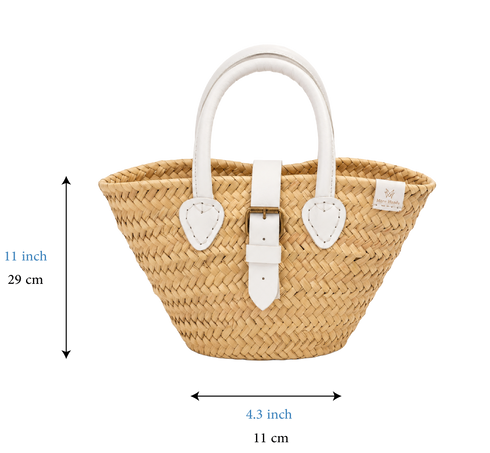 Handwoven Straw Tote Bag with White Leather Handles and Buckle