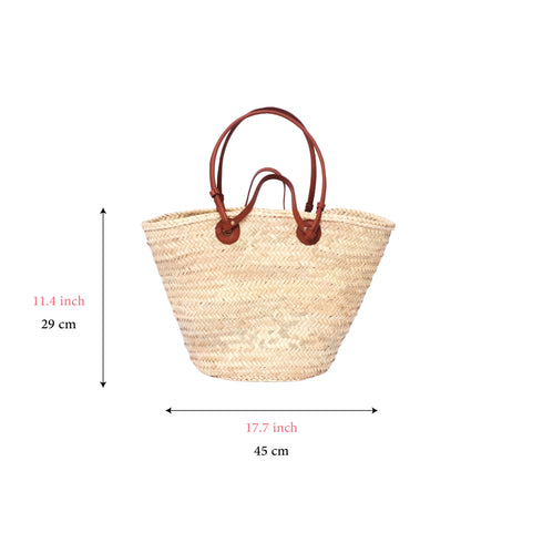 Handmade Moroccan Palm Straw Market Basket with Genuine Cognac Leather Handles