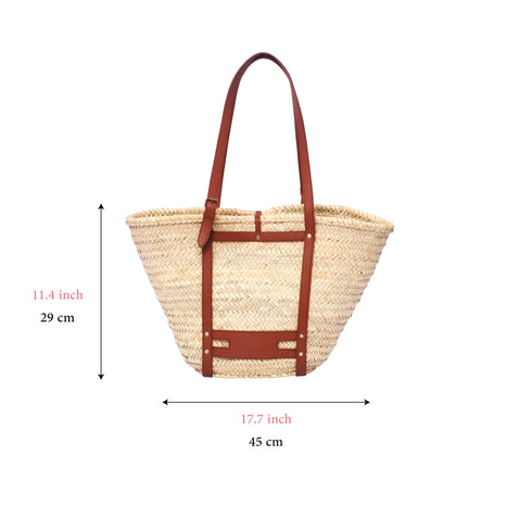 Handmade Moroccan Palm Straw Tote Bag with Genuine Brown Leather Straps