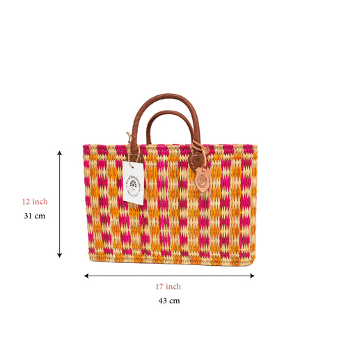 Moroccan Handwoven Straw Tote Bag with Leather Handles – Pink & Orange