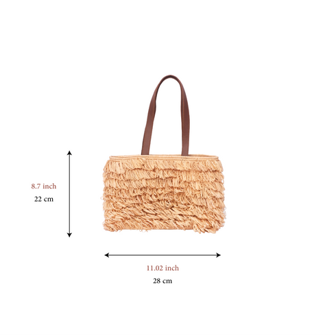 Handmade Moroccan Raffia Fringe Tote Bag with Genuine Leather Handles