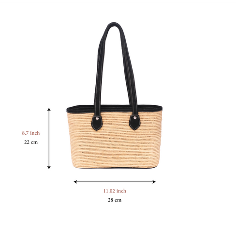 Handmade Moroccan Raffia Tote Bag with Black Genuine Leather Handles
