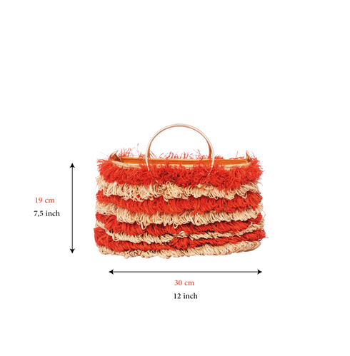 Handmade Moroccan Raffia Fringe Tote Bag with Gold Ring Handles