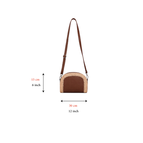 Semi-Circular Handmade Natural Raffia Shoulder Bag with Genuine Leather
