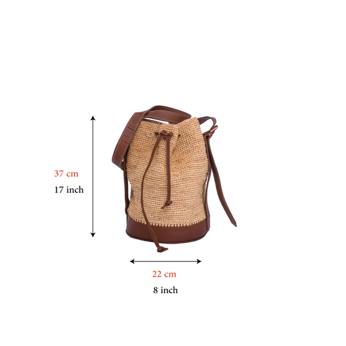 Handmade Natural Raffia Bucket Bag with Genuine Leather Base, Leather Handles