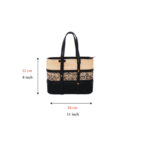Handmade Black and Natural Raffia Tote Bag with Genuine Leather Handles