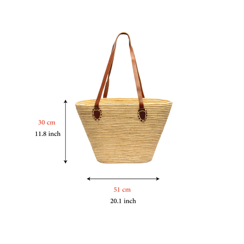 Handmade Natural Raffia Tote Bag with Genuine Tanned Leather Handles