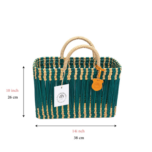 Handwoven Moroccan Straw Tote Bag – Teal & Natural Beige