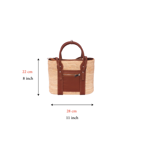 Handmade Structured Natural Raffia Tote Bag with Genuine Leather Handles