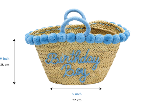 Handwoven Seagrass Basket with Blue Pom Poms and Handles