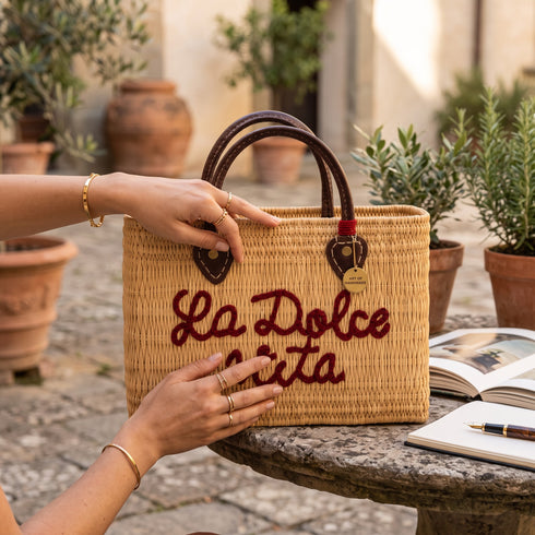 Handwoven Raffia Tote Bag with La Dolce Vita Embroidery sustainable materials