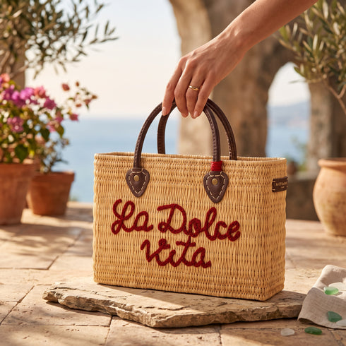Handwoven Raffia Tote Bag with La Dolce Vita Embroidery sustainable materials