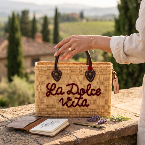Handwoven Raffia Tote Bag with La Dolce Vita Embroidery sustainable materials