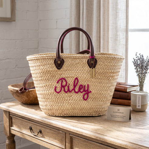 Handwoven Straw Tote Bag with Brown Leather Handles and Embroidery