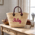 Handwoven Straw Tote Bag with Brown Leather Handles and Embroidery